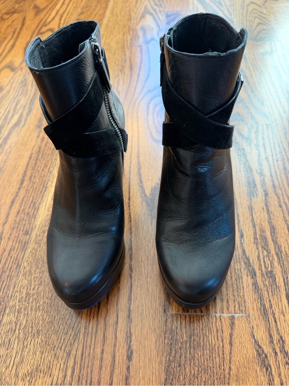 Eileen Fisher Black Leather Ankle Boots with Suede Wrap